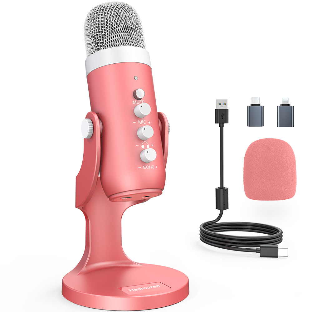 Streaming Mic Condenser - Haomuren microfone condensador usb rosa, microfone